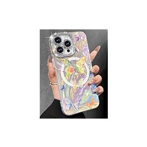 Toycamp for iPhone 15 ProMax Case - Compatible with Magsafe Aesthetic Cute Holographic i 15 Pro Max Case with Diamond Bling Lens Protector for Apple 15ProMax Cover for Women Girls
