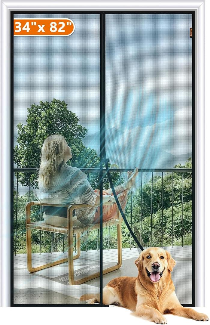 MAGZO Magnetic Screen Door, Fit Door Size 34 x 82 Inch, Actual Screen Size 36" x 83" Durable Fiberglass Mesh Curtain Middle Opening Screen Door with Full Frame Hook&Loop-Gray