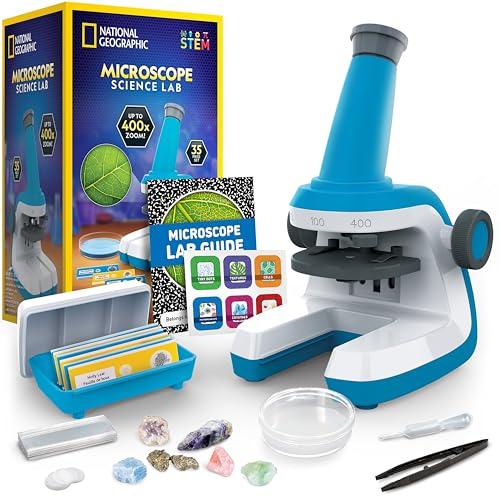 NATIONAL GEOGRAPHIC Microscope for Kids - Science Kit with an Easy-to-Use Kids Microscope, Up to 400x Zoom, Blank and Prepared Slides, Rock & Mineral Specimens, STEM Project Toy