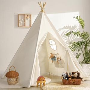 Sumbababy Teepee Tent for Kids Indoor - Natural Canvas Kids Play Tent - Washable Tipi Sleepover Tents with Lights & Carry Bag, Outdoor Toddler Tents for Girls & Boys - Foldable Playroom Gift Toys
