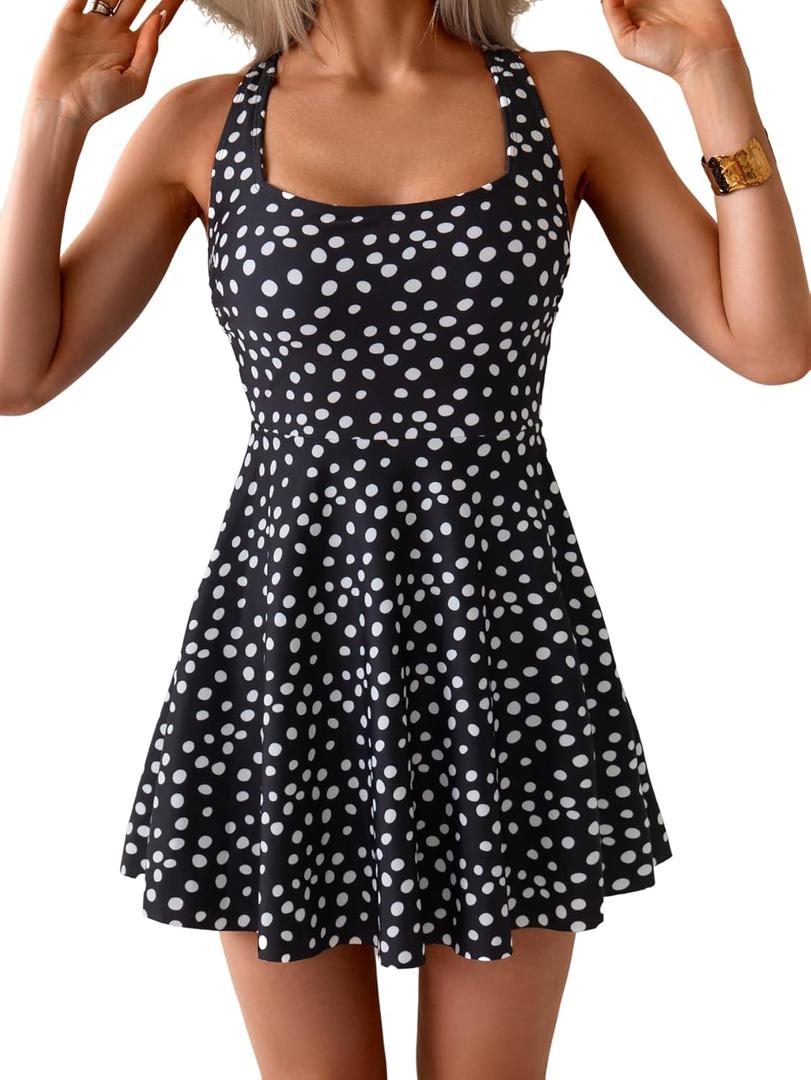 B2prity Women's One Piece Swimdress Swimsuit Tummy Control Swim Dress Modest Full Coverage Bathing Suit with Skirt (Large)