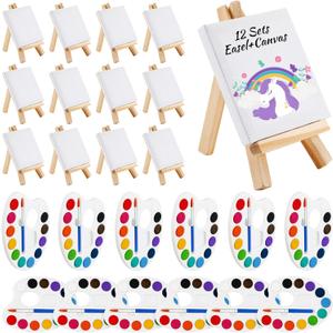 Zubebe 12 Set Mini Canvas Painting Kit, Mini Watercolor Paint Sets, 4 x 4 Inch Canvas with Wooden Easel, 12 Colors Watercolor Palette Brush Bulk for Valentine Gift Art Party Favors (Square Shaped)