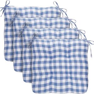 Geetery 4 Pack Chair Cushions for Dining Chairs, 16" x 15" Blue and White Kitchen Chair Cushions with Ties Buffalo Plaid Soft Comfy Seat Pads for Home Office Living Room Outdoor Indoor, 16.14 X 14.96 X 3.15 Inches