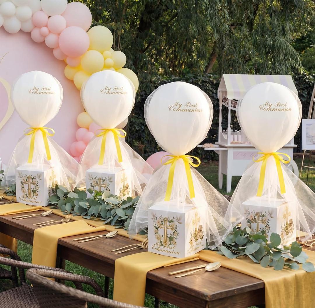 Soulchen 6 Sets First Communion Decorations Balloon with Box First Holy Communion Baptism Table Centerpieces Decor 24'' Tulle Tutu Balloons with Stand for Christening Baby Shower Religious Party Decor