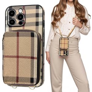 Compatible with iPhone 16 Pro Max Wallet Case with Card Holder, Luxury Classic Leather Zipper Crossbody Lanyard Flip Cash Phone Purse Cover for Women 5G 6.9 Inch Khaki