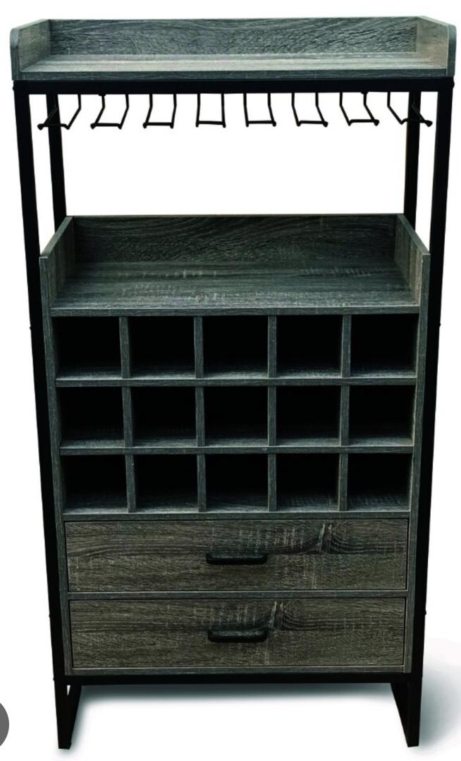 Addison Bar Cart, Black Metal And Grey Washed Wood Finish, 7 Under Cabinet Stemware Racks Grind Wine Rack to Store Up To 15 Bottles, 2 Gliding Drawers