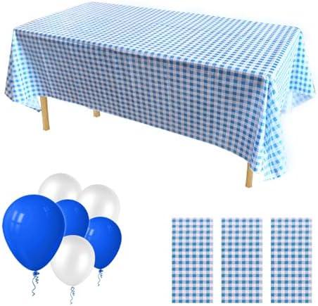 ZJDHPTY 3Pack Plastic Table Cloth Disposable, Blue and White Checkered Gingham Tablecloth for Picnic Pizza Birthday Father's Day Party Decorations Size 54x108 Inch (Blue+White Checker), Set Of 3