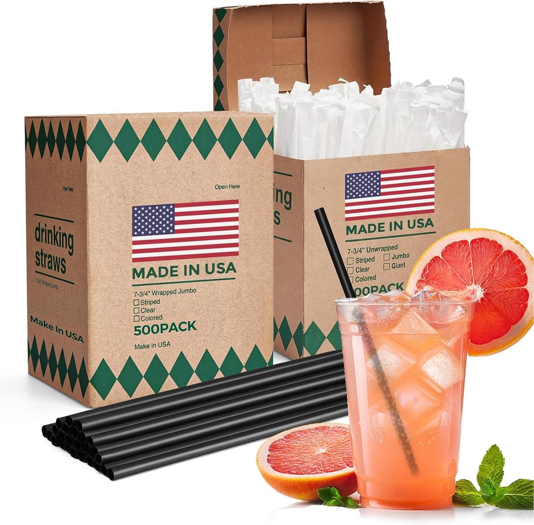 Glotoch Express 1000 PCS Individually Wrapped Black Plastic Straws, 7.75'' Long, 0.24'' Diameter Disposable Drinking Straws for Every Occasion, Party, Made in USA