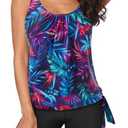 Yonique 1 Piece Swimsuit for Women Blouson Tankini Top with Shorts Tummy Control Bathing Suit, Blue Purple Leaf, M