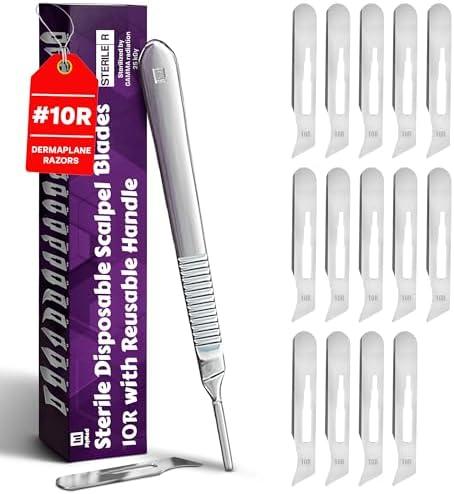 MyMed 10R Blades Dermaplaning Razor for Women Face 10R Blades with Scalpel Handle - Pack of 15 Dermaplane Blades Scalpel 10R + Dermaplane Handle #3, Size 10R Scalpel Blades, Dermaplane Blades 10R