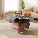 LUCKIIA Round Glass Coffee Table Mid-Century Modern Noguchi Coffee Table with Wood Base Small Coffee Table for Living Room Modern Farmhouse Boho Decor(Walnut Grey)