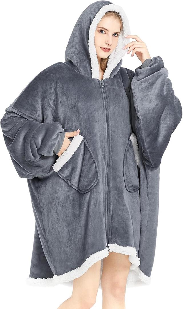 Topcee Oversized Wearable Sherpa Fleece Blanket Hoodie - Comfortable Soft Warm Thick Big Hooded Sweatshirt Hoodie - Cozy and Fuzzy with Giant Pocket - Light Grey