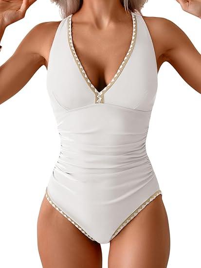 B2prity One Piece Swimsuit for Women Tummy Control Ruched Bathing Suit Push Up Tie Back Swimwear Shell Stitched White M