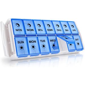 Weekly Pill Organizer 7 Day 2 Times a Day Extra Large, Quick Fill 2020 Fullicon AM PM XL Daily Pill Cases Pill Box with Detachable Base - White/Blue (Patent Registered) (Medium)