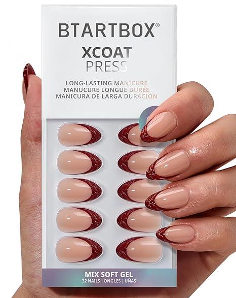 BTArtbox Press On Nails Short - Lucky Stripe, Lamp-Curable 3D French Tip Almond Press On Nails with Glue and Adhesive Tabs for Women in 16 Sizes - 32 Soft Gel Glue On Nails Kit