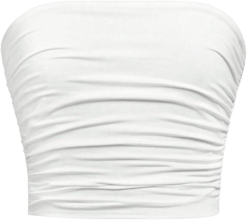 Floerns Girl's Basic Sleeveless Bandeau Kids Strapless Ruched Tube Tops (White)