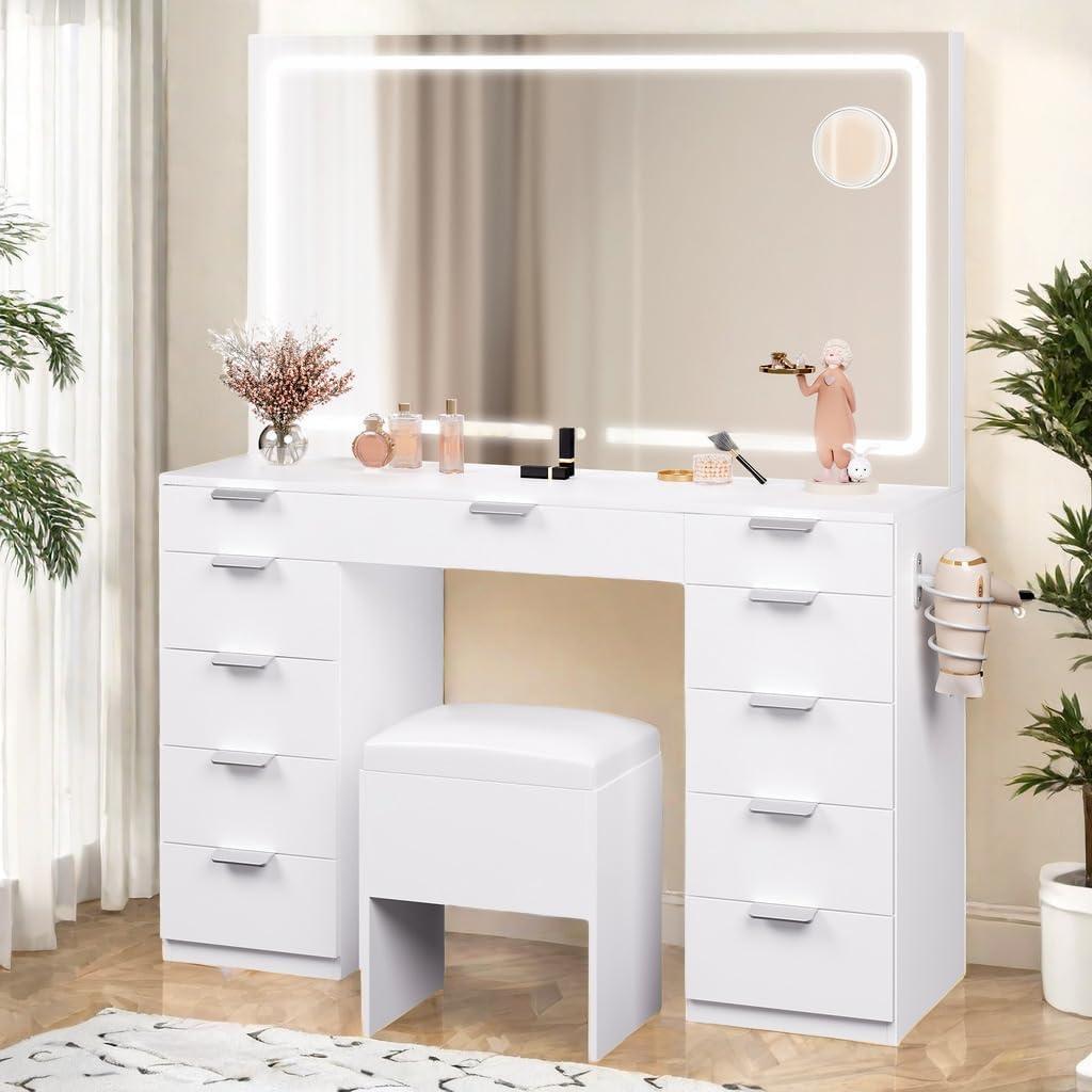 YITAHOME White Vanity Table with Mirror: 46" Makeup Desk with 11 Drawers Magnifying Mirror, Cushioned Storage Stool, Vanity Set with Power Outlet
