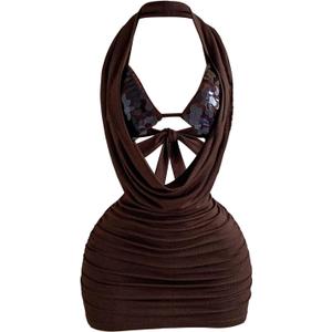 SOLY HUX Women's Halter Deep V Neck Sparkly Mini Dress Party Club Bodycon Dresses (Brown, L)