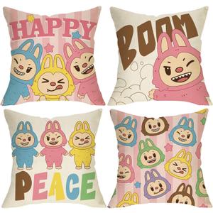 Pycat Cute Decorative Throw Pillow Covers 18 x 18 Set of 4, Macaron Monster Happy Peace Boom Porch Outdoor Home Decor, Stars Stripes Sofa Couch Cushion Case