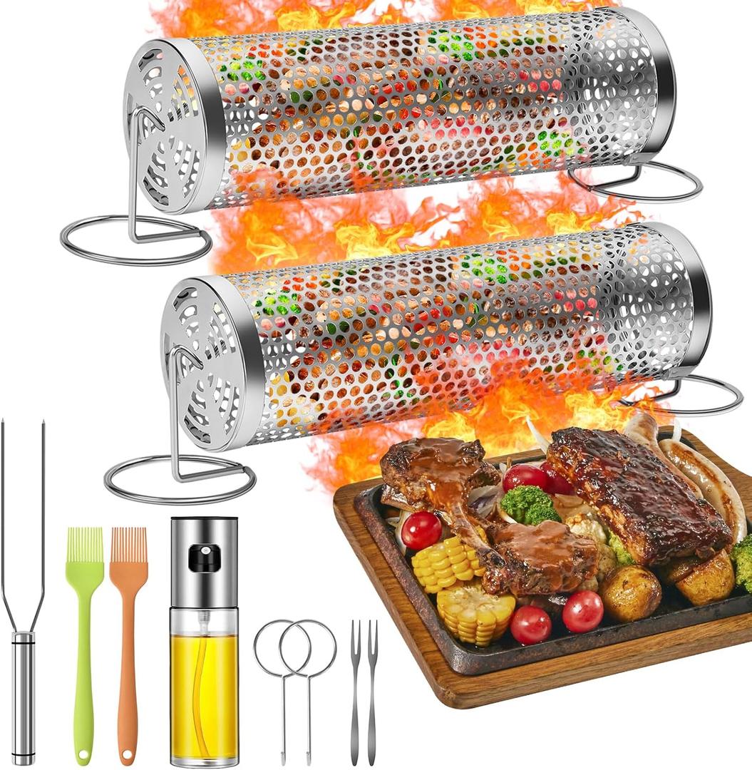 Rolling Grilling Baskets for Outdoor Grill BBQ Net Tube Stainless Steel Large Round Mesh Rotation Barbecue Cylinder Cage Cooking Accessories for Veggies Vegetable Fish Meat Food Camping