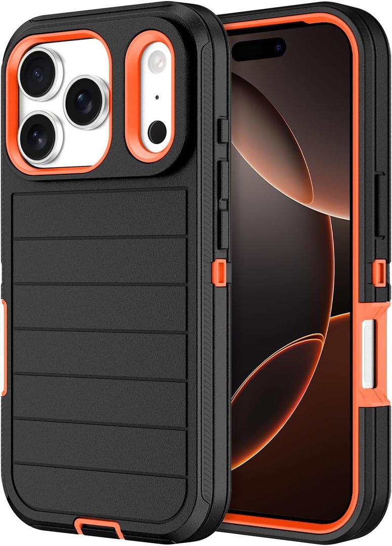 for iPhone 17 Pro Max Case Heavy Duty Shockproof Drop proof 3-Layer Full Body Protection Military Grade Rugged Tough Non-Slip Cover Case for Apple iPhone 17 Pro Max 6.9",Black/Orange