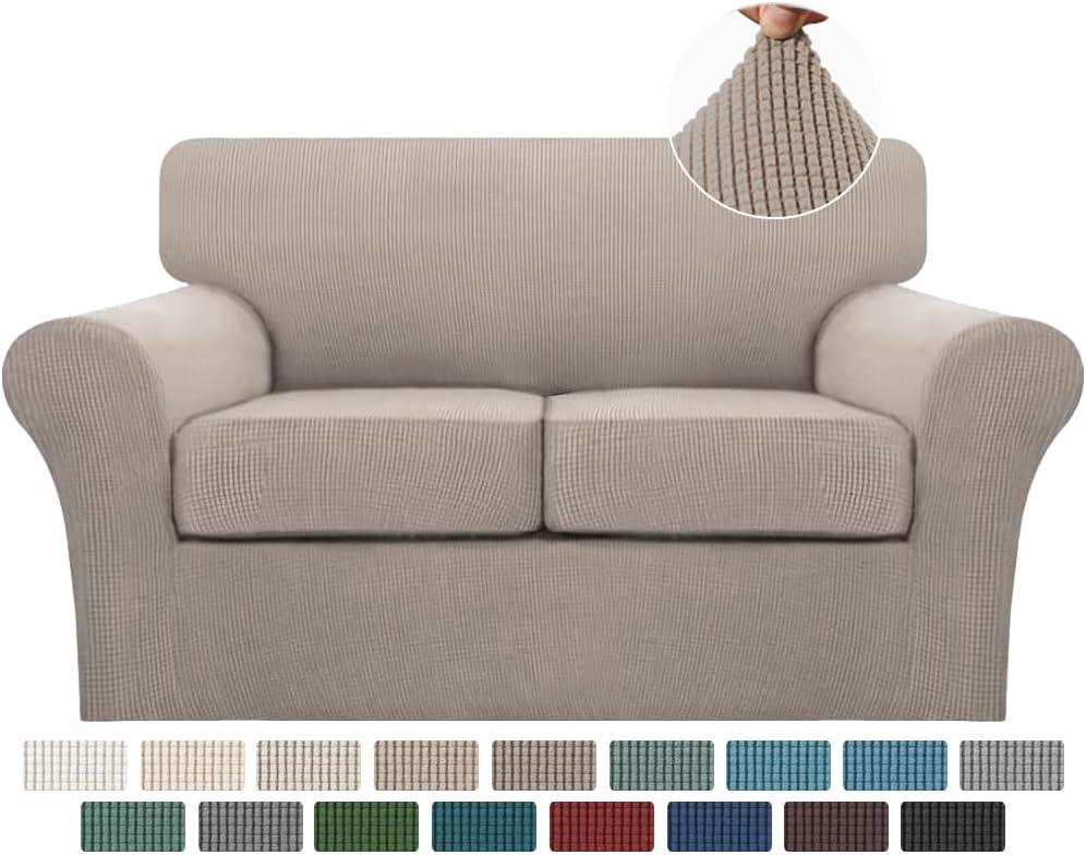 Turquoize 3 Piece Sofa Covers for 2 Cushion Couch Sofa Slipcover Soft Couch Cover for Dogs-Washable Sofa Furniture Covers with 2 Individual Cushion Covers, Thick Jacquard Fabric (Loveseat, Sand)