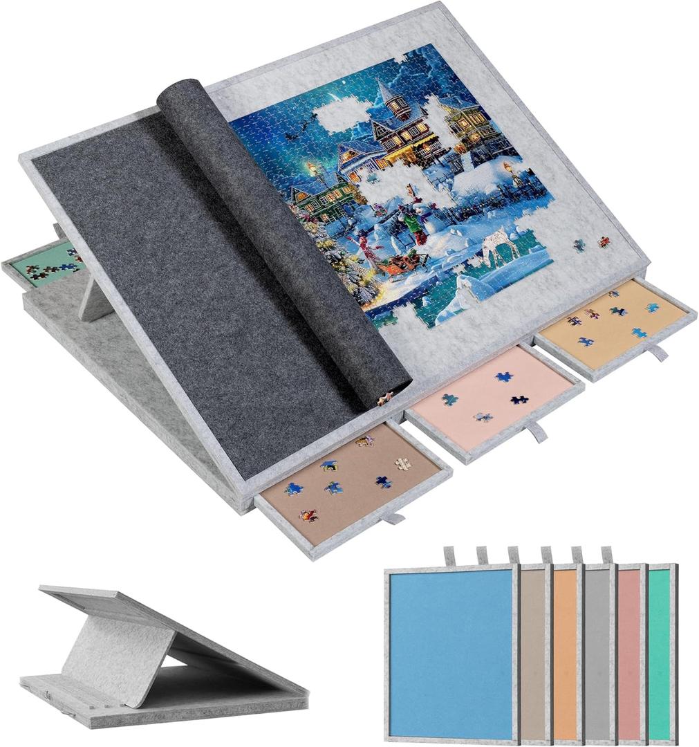 Becko US 1500 Pieces Tilting Jigsaw Puzzle Board, 3 Tiers Adjustable Angle up to 30, with 6 Felt Sorting Trays, Lightweight Portable Easy to Move, Rotate with Felt Protective Cover