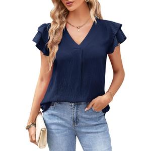 MOLERANI Women's Dressy Casual Shirts Ruffle Short Sleeve V Neck Work Blouses Business Summer Tops 2025 Outfits Clothes (M)