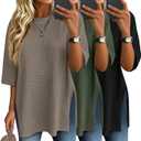 3 Pack Women's 3/4 Sleeve Waffle Knit Tops Oversized Crewneck T-Shirts Loose Casual Blouses Side Split Tees, XXL