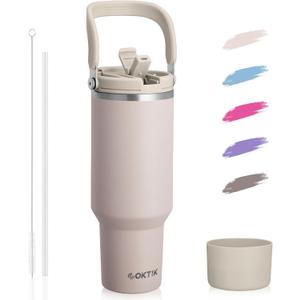 COKTIK 40 oz Tumbler with Handle and Straw, Double Insulated Tumblers with Flip Straw and Top Handle, Leakproof Tumbler, Stanley Cup, Insulated Water Bottle (Brown Metal)
