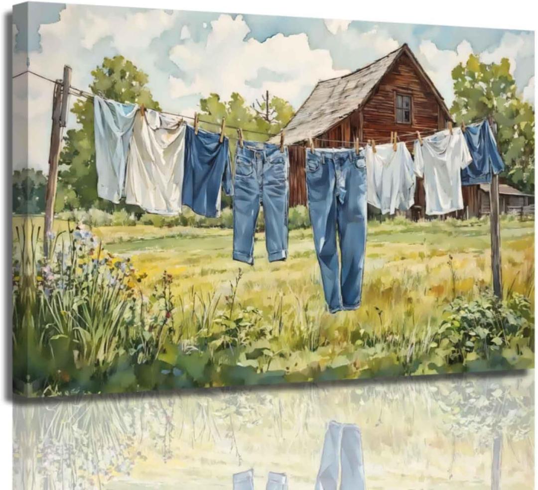 ZSHARTSWD Laundry Wall Art Laundry Room Canvas Prints Clothesline Pictures Rustic Farmhouse Painting for Bathroom Wash Room Laundromat Hotel Home Decor Framed (White, 12.00" x 18.00")