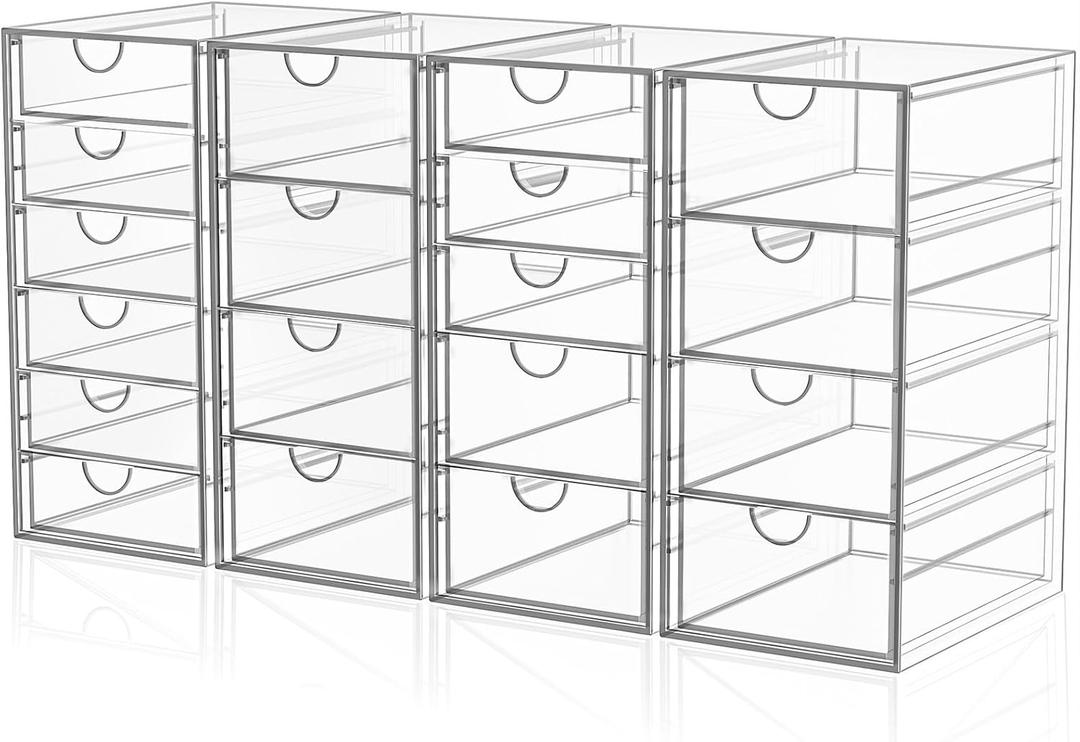 YFXCVSL Acrylic Makeup Organizer with 19 Drawers, 4 Pack Clear Storage Drawers, Bathroom Makeup Organizer for Palettes, Cosmetic, and Beauty Supplies, Ideal for Vanity, Cabinet, Desk Organization
