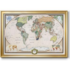 Renditions Gallery Colorful World Map Canvas Wall Art with Gold Frame Wall Hanging Travel Map with Push Pins for Home, Office, Classroom (20x30)