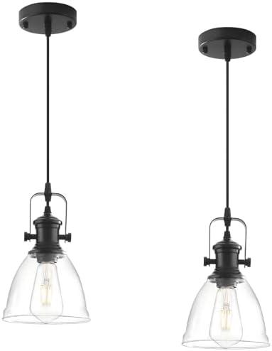 LWWHQ Black Pendant Lights Kitchen Island 2 Pack, Farmhouse Pendant Light, Industrial Clear Glass Pendant Light, 6.5 inches Kitchen Pendant Lighting Over Island Sink Dining Room