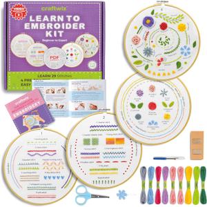 Craftwiz 4-Piece Starter Embroidery Kit for Beginners and Teens with Simple Patterns, Learn 29 Stitches with Hand Embroidery Kit