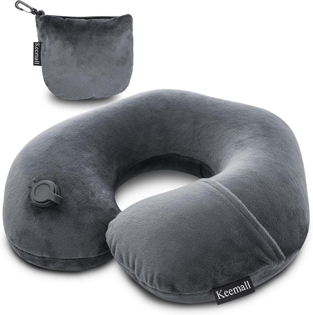 Inflatable Travel Neck Pillow, Super Soft Plane Neck Support Pillow for Travel Ariplane Sleep Support, Adjustable Neck Cushion Headrest Pillow, Folds Up Nicely, Black Grey (Medium)