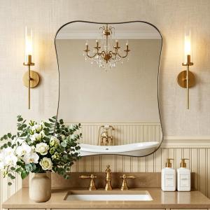 ANDY STAR 24x30'' Gold Bathroom Mirror for Wall, Rounded Corner Scalloped Brass Mirror Butterfly-Shaped in 1 Rustproof Stainless Steel Metal Frame Wall Mounted Vertical/Horizontal for Home Remodel