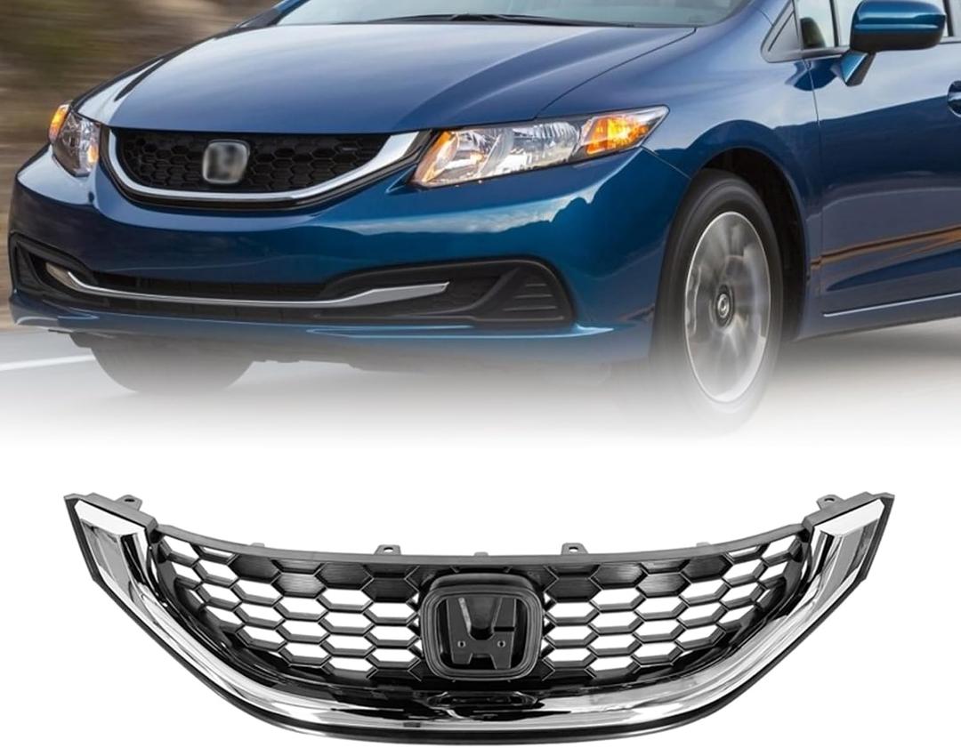 Front Bumper Honeycomb Grille For Honda Civic 4dr Sedan 2013 2014 2015 Chrome Grill HO1200216 HO1202109