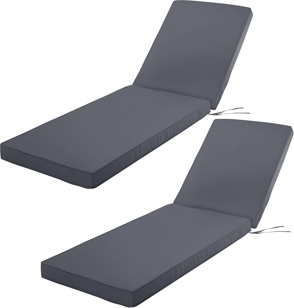 Outdoor Chaise Lounge Cushion Set of 2, Fadesafe Water-Repellent Lounge Deck Reclining Chair Cushions for Patio Furniture Lawn Pool Resort Hotel, 80x26x3 Inch, Dark Grey