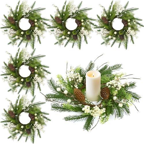 6 Pcs Christmas Candle Rings Winter Small Christmas Wreath Small Artificial Norfolk Pine Wreath with White Berries and Pine Cones for Xmas Holiday Decoration