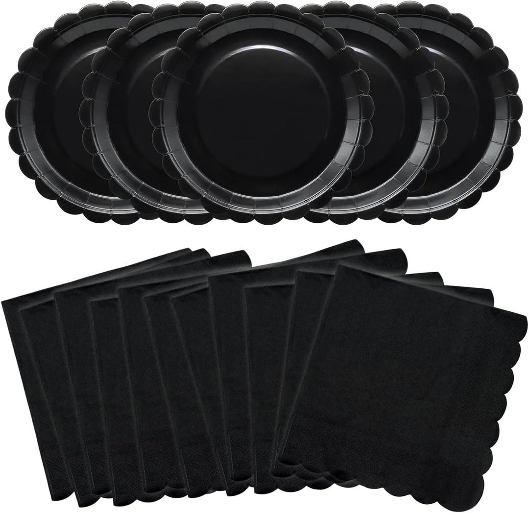 100Pcs Black Paper Plates and Napkins Set - Disposable Party Tableware for Graduation Birthday Wedding