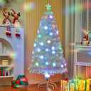 Juegoal 5ft Pre-Lit Artificial Christmas Tree, Lighted Optical Fiber Xmas Trees with Color Changing LED Lights, Snowflakes & Top Star, Party Home Holiday Fake Multicolored Tree with Metal Legs, White
