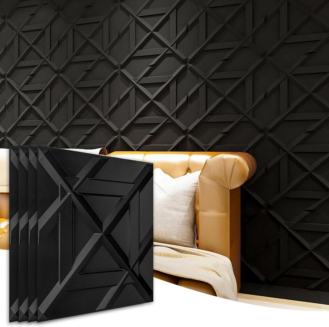 Art3d PVC 3D Wall Panel, Decorative Wall Tile in Black 12-Pack 19.7"x19.7"