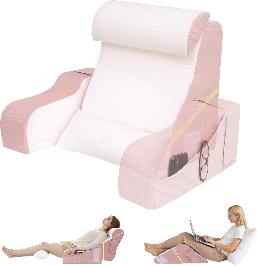 5PCS Reading Pillow for Sitting in Bed Adult, 2 in 1 Foldable Back Wedge Pillow for Sleep, Ergonomic Back Support Pillow with Arms for Watching TV, Gaming, Working, Recovery, 19 Pink