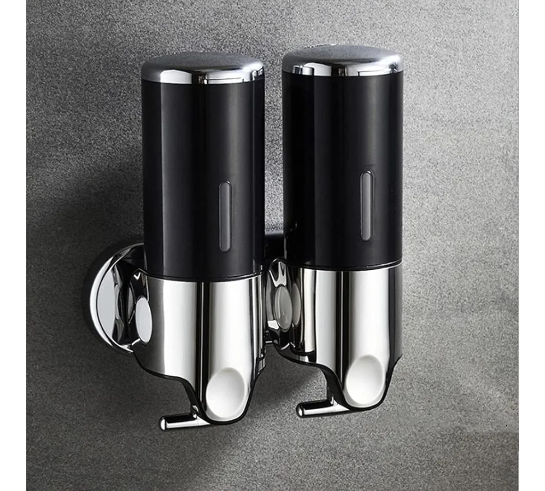 2 Chamber Wall Mounted Bathroom Shower Pump Dispenser and Organizer-Holds Shampoo, Soap, Conditioner, Shower Gel, for Bathroom Kitchen Hotel (Black 2 Chamber)