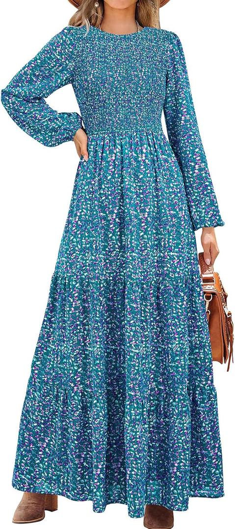 PRETTYGARDEN Women's Spring Dresses 2026 Long Sleeve Flowy Casual Floral Maxi Dress Crew Neck Smocked Tiered Long Dress (XX-Large, Floral Purple Green)