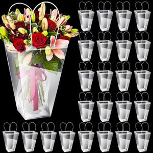 Yexiya 48 Pcs Floral Bags Large Clear Flower Bouquet Bag Bulk with Handle Mother's Day Transparent Florist Wedding Gift Packaging Plastic Gift Birthday Valentine's, 11.4 x 5.9 x 16.7 In (Clear Edge)