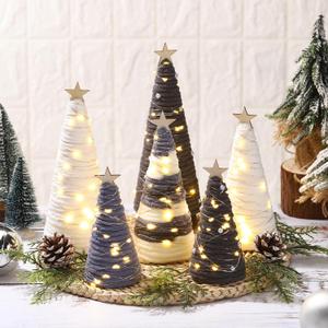 6 Pcs Boho Christmas Yarn Tree Natural Christmas Tree Xmas Yarn Cone Pedestal Tree Decoration Farmhouse Christmas Tree Rustic Wool Tree Bottle Brush Tree Table Centerpiece Decor (Grey) 