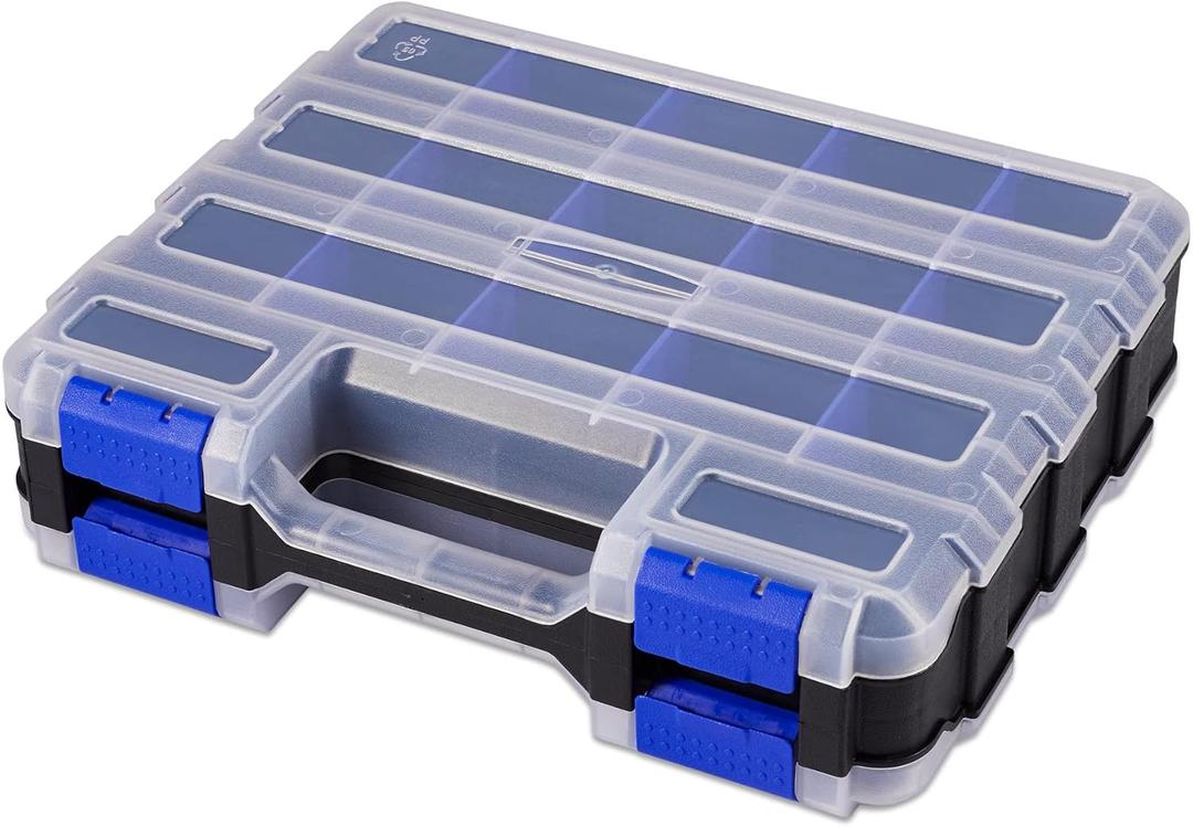 Small Parts Storage Case Tools Box Organizer Double Side 34 Compartments Hardware Organizers with Removable Plastic Dividers for Screws Nuts Nails Bolts (Blue)