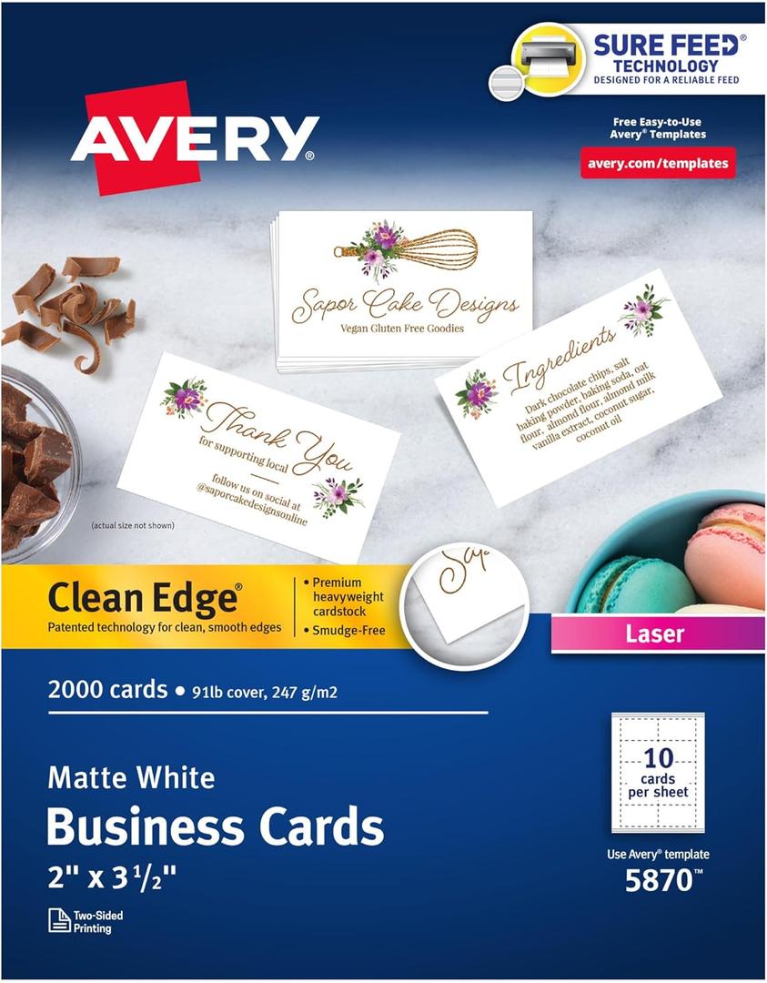 Avery Clean Edge Printable Business Cards, Sure Feed Technology, 2" x 3.5", White, 2,000 Blank Cards for Laser Printers (5870)